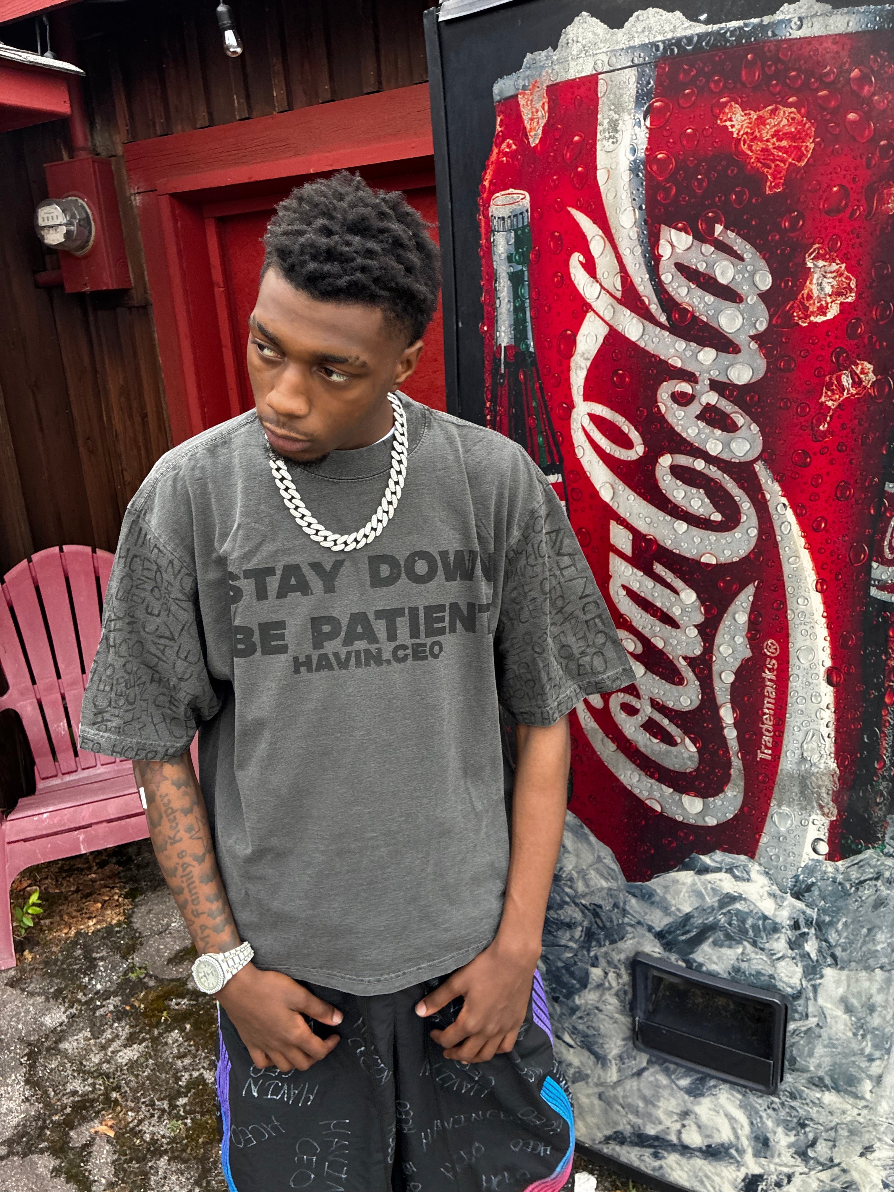 STAY DOWN BE PATIENT HAND WROTE HAVINCEO LOGO TEE GREY