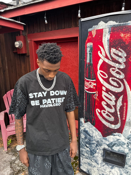 STAY DOWN BE PATIENT HAND WROTE HAVINCEO LOGO TEE BLACK