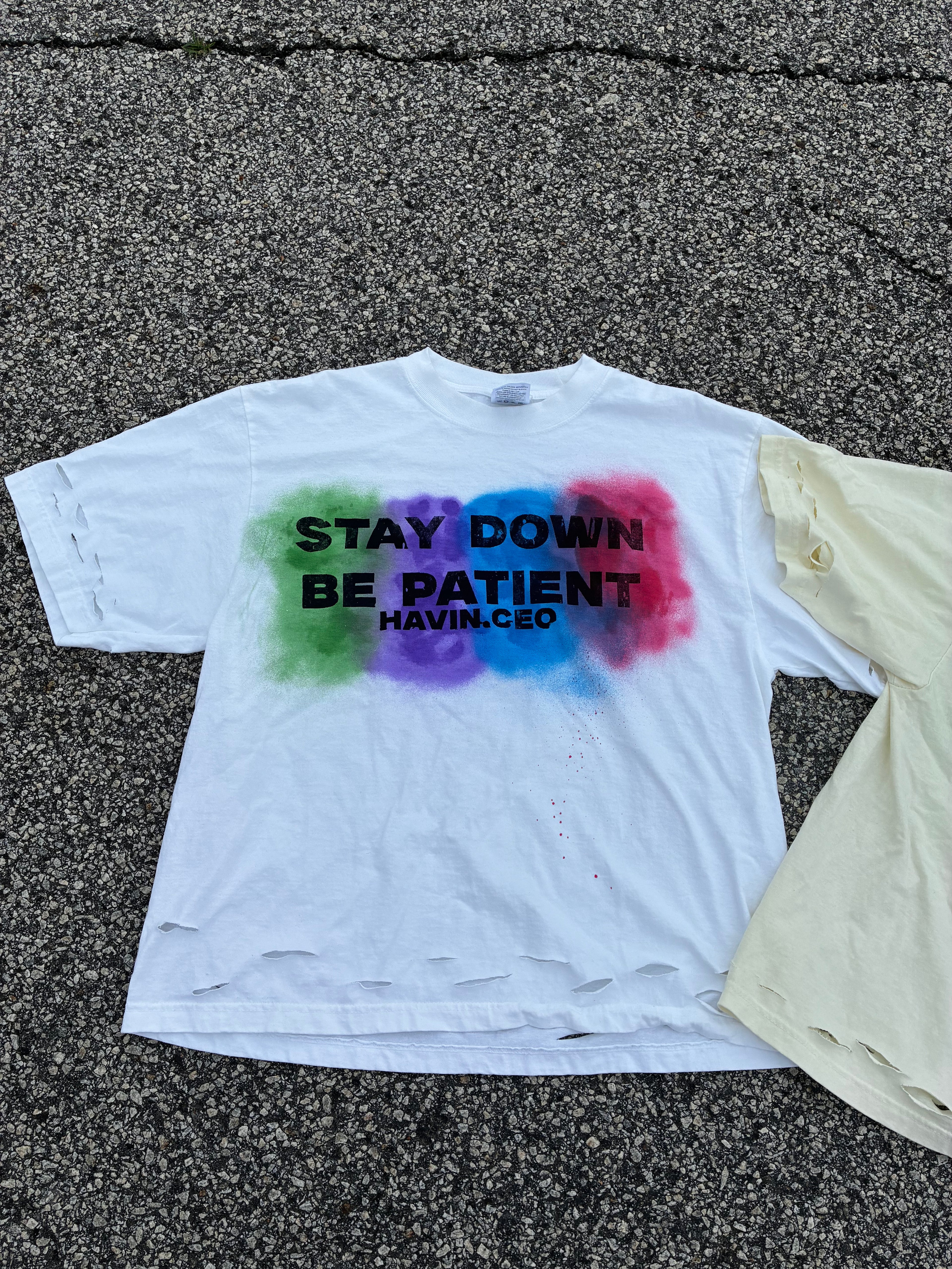 DISTRESSED STAY DOWN BE PATIENT TEE