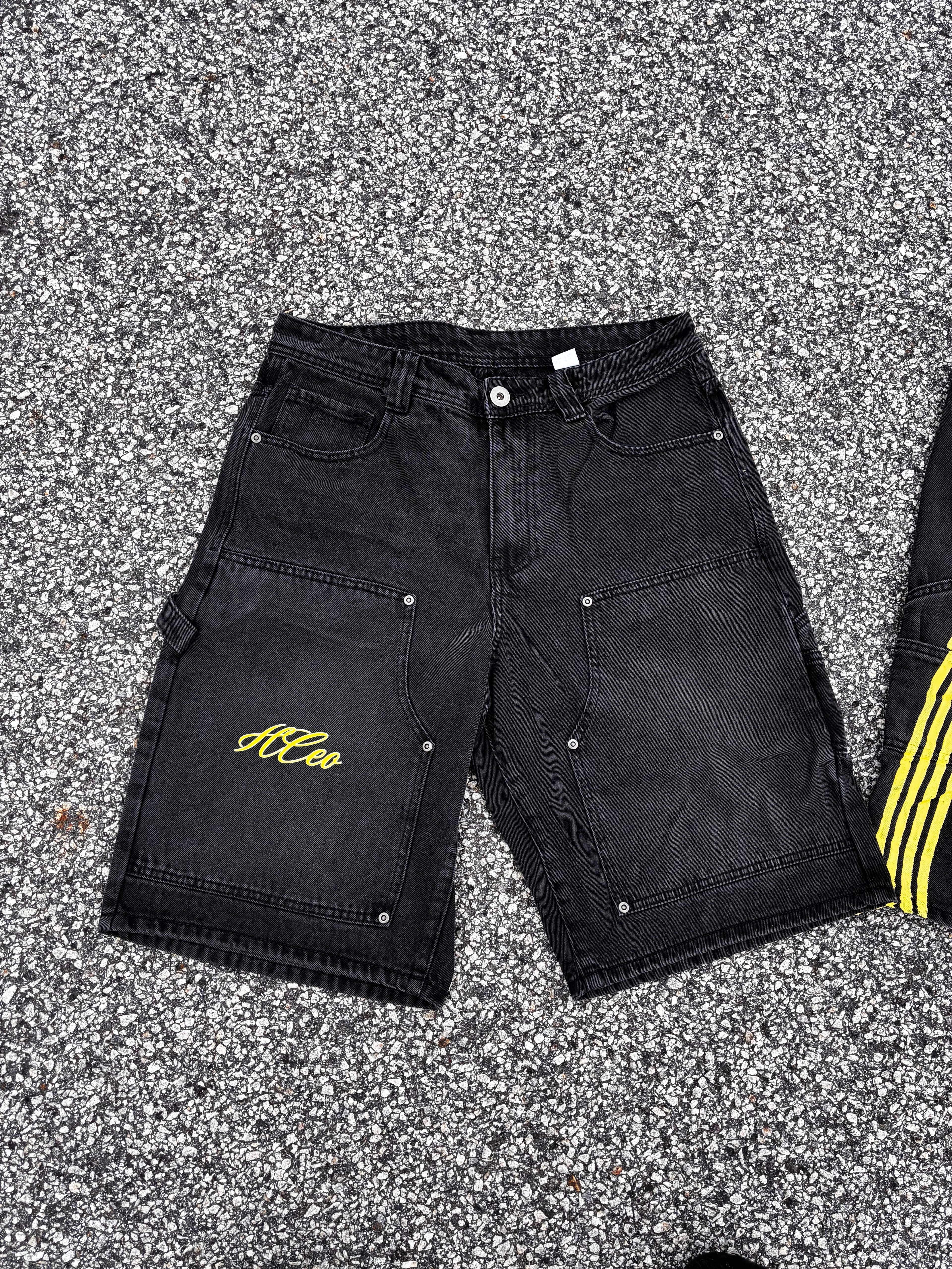HAVINCEO BLACK AND YELLOW CURVE JORTS