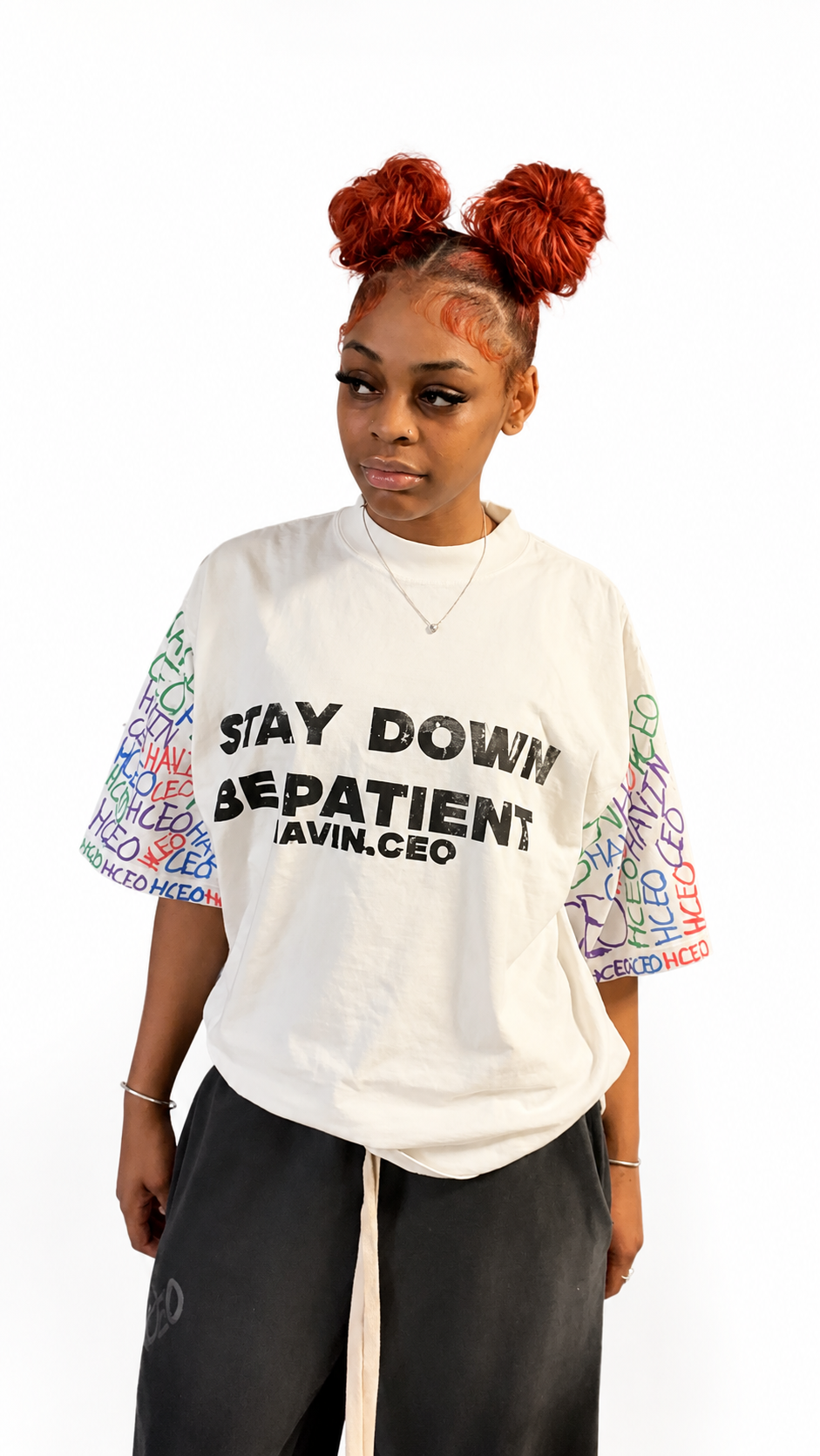 STAY DOWN BE PATIENT HAND WROTE HAVINCEO LOGO TEE WHITE