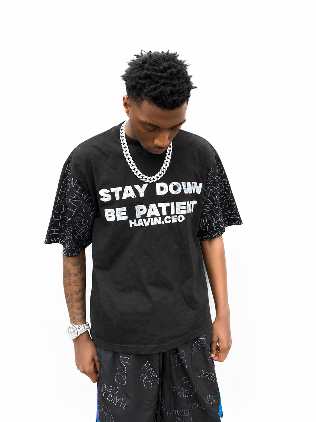 STAY DOWN BE PATIENT HAND WROTE HAVINCEO LOGO TEE BLACK