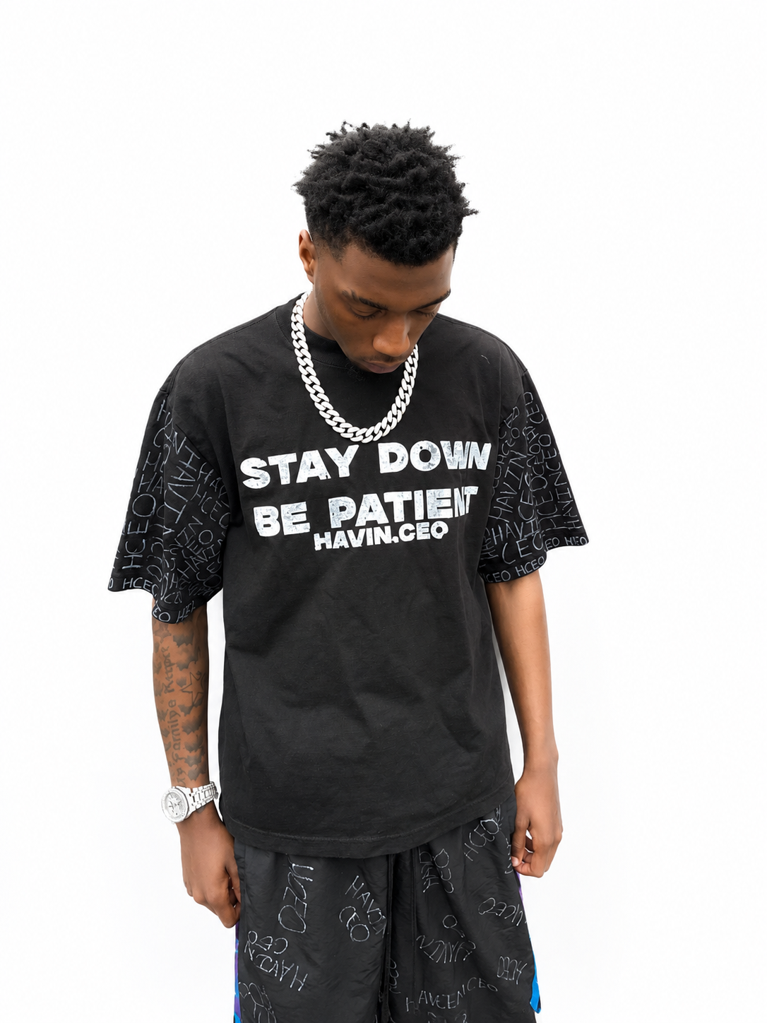 STAY DOWN BE PATIENT HAND WROTE HAVINCEO LOGO TEE BLACK
